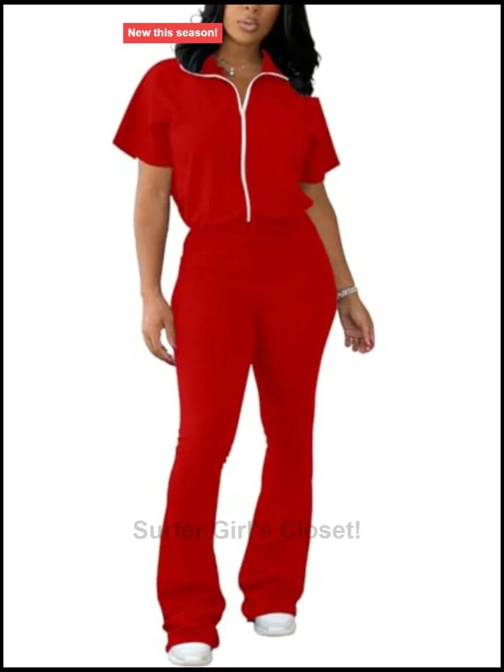 Short Sleeve Zip Up Top Flared Pants Tracksuit Jogger Set